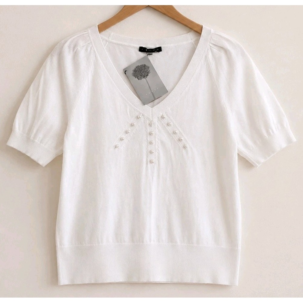 NWT Coast UK Sophie Silk Knit Sweater US 10 White Pearl Beaded V Neck Short...